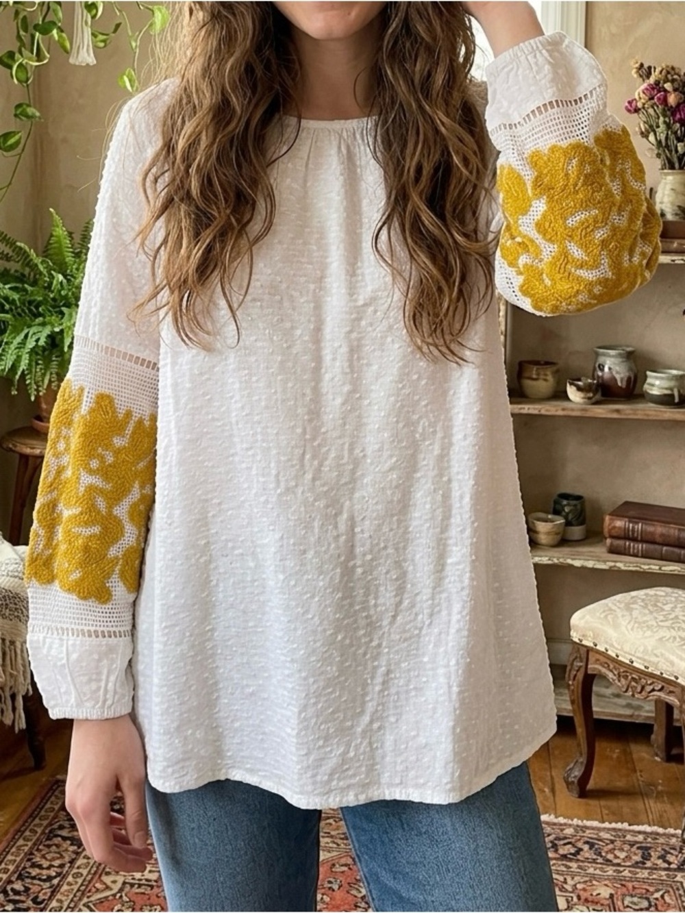 Crown & Ivy Boho Cottagecore White Textured Mustard Yellow Embroidered Blouse L